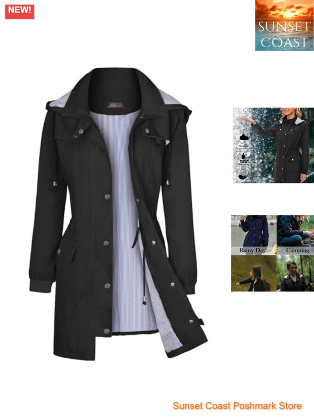 Lightweight Waterproof Rain Jacket Women Hooded Striped Lining Outdoor